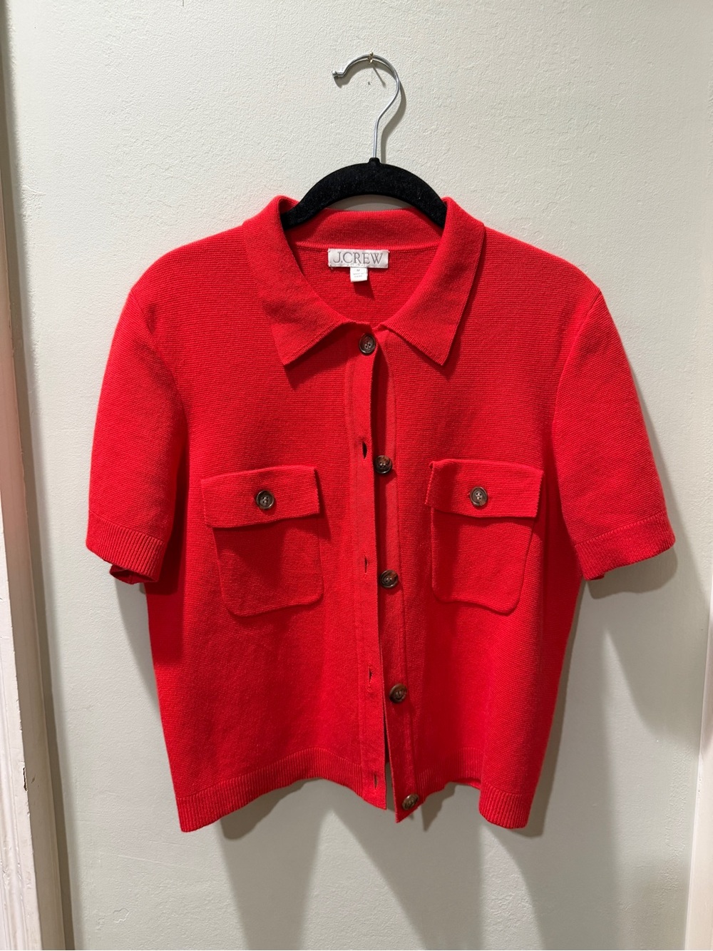 J.Crew Short-Sleeve Red Button-Up Pocket Cardigan